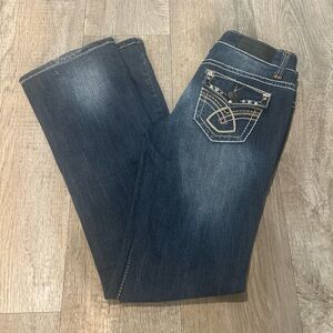 Dark-wash flare-leg y2k blue denim jeans with rhinestone detail